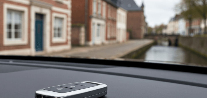 Clé de voiture sur tableau de bord, vue floue du quartier Saint-Leu à Amiens en arrière-plan. Trouver son parking gratuit Ami