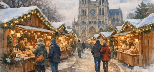 Illustration aquarelle du marché de Noël d'Amiens, ambiance festive et chaleureuse.