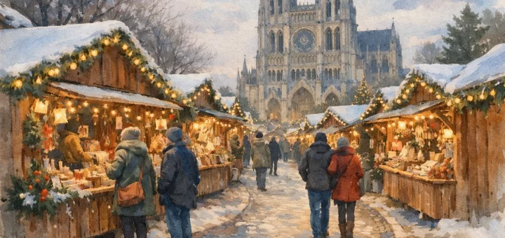 Illustration aquarelle du marché de Noël d'Amiens, ambiance festive et chaleureuse.