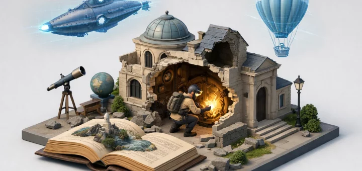 Image isométrique moderne du Musée Jules Vernes Amiens, explorant ses secrets futuristes en 2026.