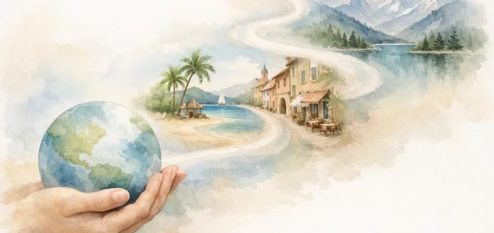 Meilleur choix destinations 2026: illustration aquarelle d'une main avec globe, chemin menant à divers lieux de voyage.