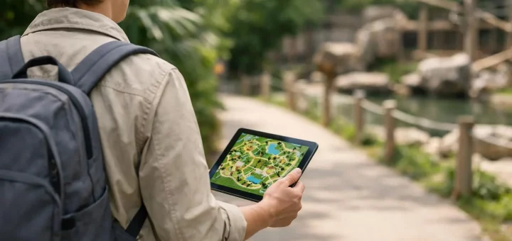 Visiteur consultant une carte numérique au Parc zoologique Amiens pour un guide complet et une exploration aisée.