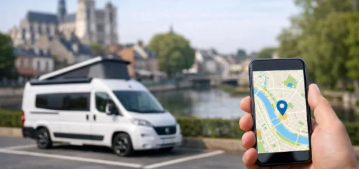 Parking camping-car Amiens : un véhicule moderne garé. Un smartphone affiche les emplacements de stationnement. Guide fiable