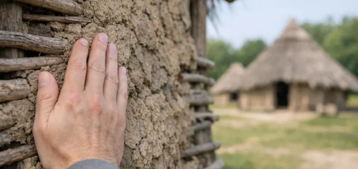 Visiteur touchant un mur de hutte préhistorique au parc archéologique Samara Amiens. Immersion historique et vacances.