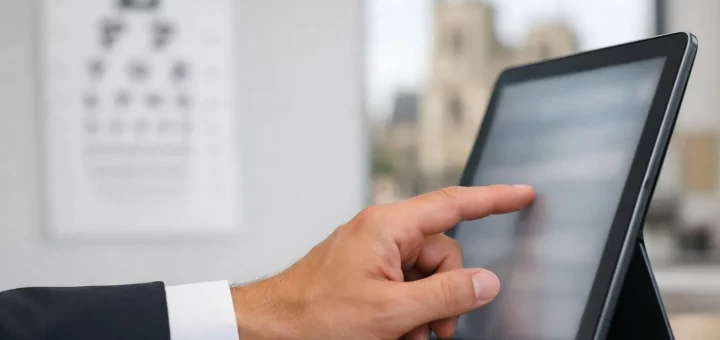 Main recherchant un ophtalmologue à Amiens pour un rendez-vous rapide sur tablette.