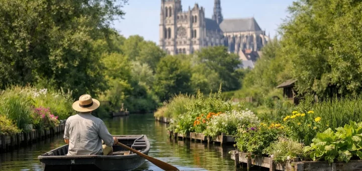 Promenade en barque dans les Hortillonnages d'Amiens, avec la majestueuse cathédrale gothique en arrière-plan.
