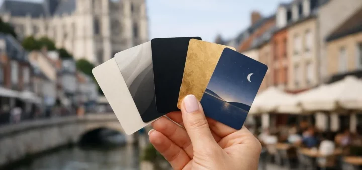 Découvrez des options d'hôtels centre-ville Amiens. Main présentant des cartes d'accès élégantes sur fond d'architecture d'Am