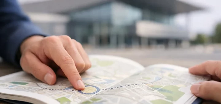 Mégacité Amiens : guide pratique, personne traçant itinéraire sur carte pour événements et visites en 2026.