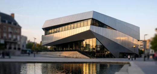 Façade moderne et emblématique de la Maison de la Culture Amiens au coucher du soleil, un joyau culturel unique.