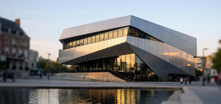 Façade moderne et emblématique de la Maison de la Culture Amiens au coucher du soleil, un joyau culturel unique.