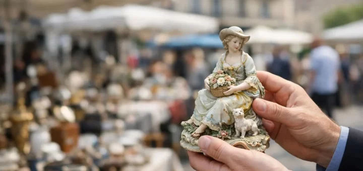 Préparation pour la Réderie d'Amiens 2026 : une main examine un objet de brocante unique au marché. Guide complet.