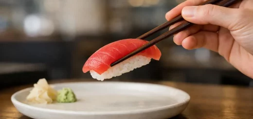 Main saisissant un sushi frais et raffiné avec des baguettes dans un restaurant chic à Amiens.