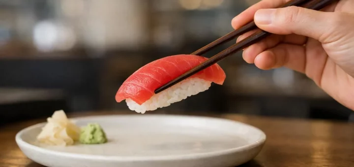 Main saisissant un sushi frais et raffiné avec des baguettes dans un restaurant chic à Amiens.