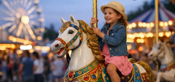 Fête foraine Amiens 2026: enfant joyeux sur carrousel lumineux au crépuscule. Manèges et ambiance familiale.