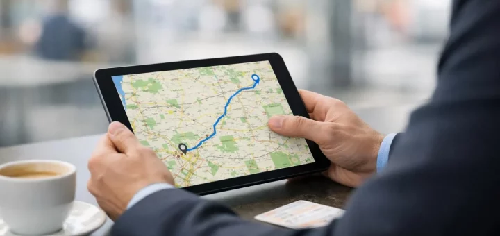 Personne planifiant un voyage malin entre Amiens et Lille, consultant les options de transport sur tablette.