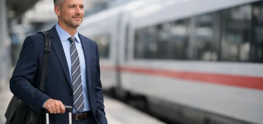 Voyage en train Paris Amiens. Passager professionnel sur quai de gare, train moderne en arrière-plan.
