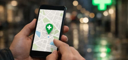 Main tenant un smartphone, cherchant une pharmacie de garde à Amiens la nuit. Lumière verte floue en arrière-plan.