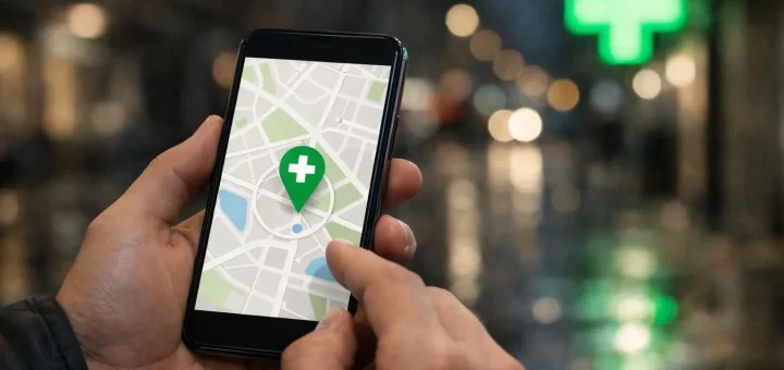 Main tenant un smartphone, cherchant une pharmacie de garde à Amiens la nuit. Lumière verte floue en arrière-plan.