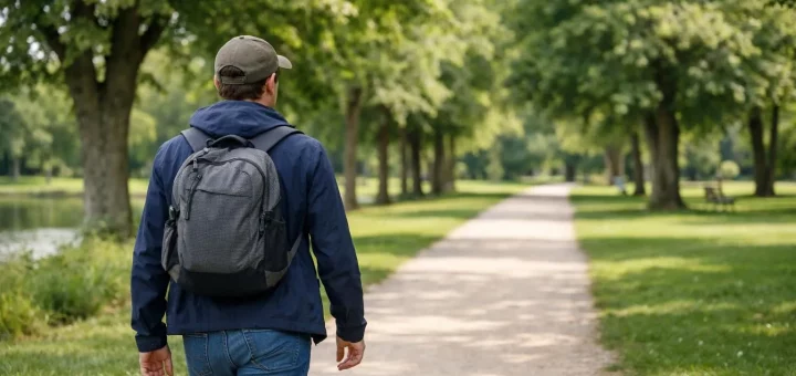 Personne marchant sur un sentier verdoyant du Parc de la Hotoie à Amiens. Guide visite parc nature.