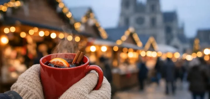 Mains tenant un verre de vin chaud au Marché de Noël d'Amiens, chalets illuminés et cathédrale en fond flou.