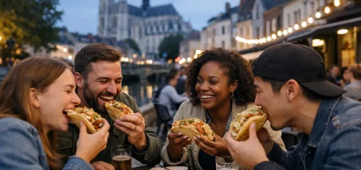 Amis riant et mangeant des tacos frais dans un restaurant animé à Amiens. Guide des meilleurs spots tacos Amiens.