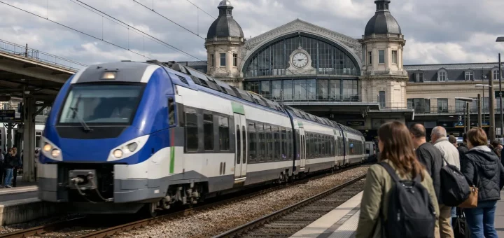 Gare d'Amiens, train régional en mouvement, transports en commun Amiens Compiègne