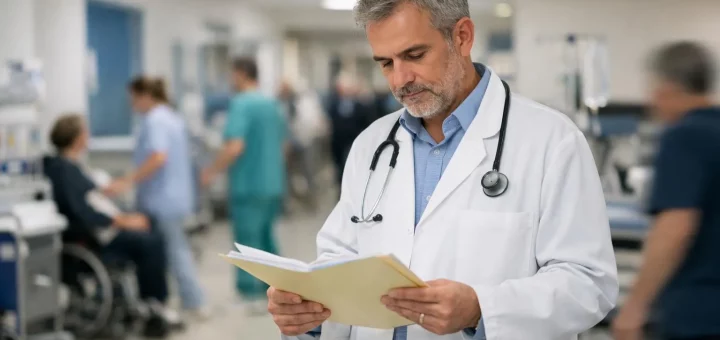 Neurologue au CHU Amiens, médecin consultant un dossier médical dans un couloir d'hôpital.