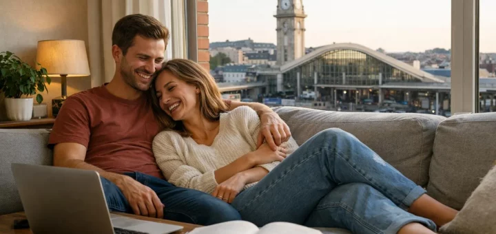 Appart City Amiens Gare, hébergement idéal pour les voyageurs, couple heureux dans leur appartement