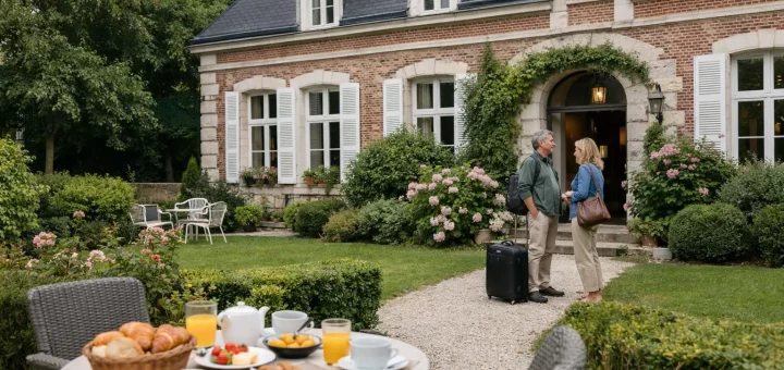 Couple with a wheeled suitcase standing at the entrance of a brick guesthouse, talking as breakfast prep is visible in the courtyard garden outside.