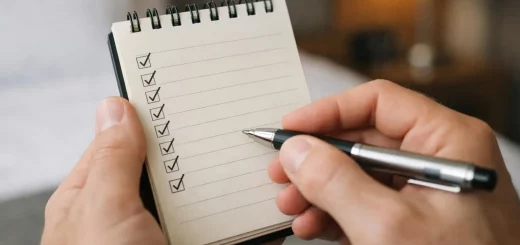 Main levée sur un carnet de notes et un stylo avec une checklist pour évaluer le Holiday Inn Amiens