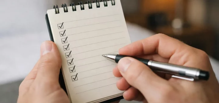 Main levée sur un carnet de notes et un stylo avec une checklist pour évaluer le Holiday Inn Amiens