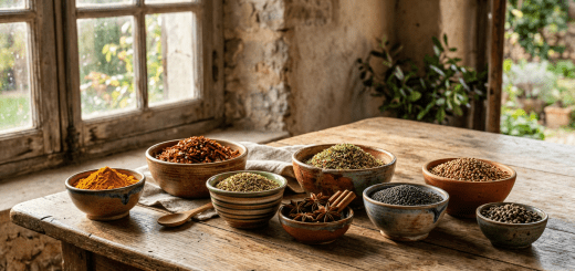 Une table rustique présentant la diversité des ingrédients naturels – ethnogastronomie