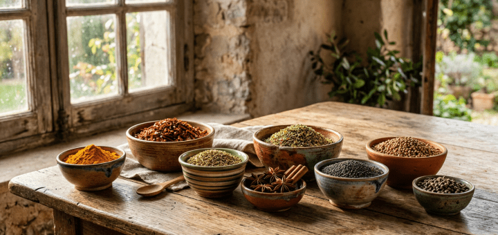 Une table rustique présentant la diversité des ingrédients naturels – ethnogastronomie