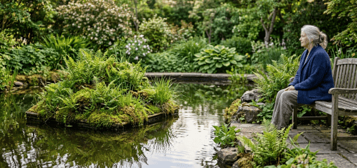 Un petit jardin flottant installé sur un bassin privé à l