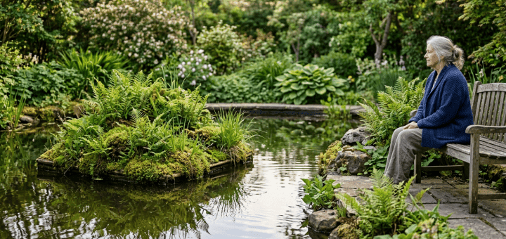 Un petit jardin flottant installé sur un bassin privé à l